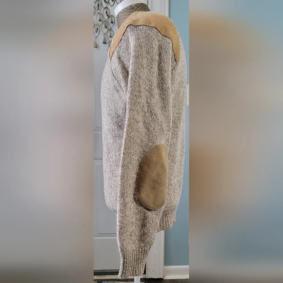 Vintg Early 80s Sweater Mens L Oatmeal Tan w/ Leather Patches Wool Blend US Made - Picture 2 of 11